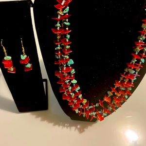 Handmade blue Howlite stone and red coral beads necklaces and earrings.